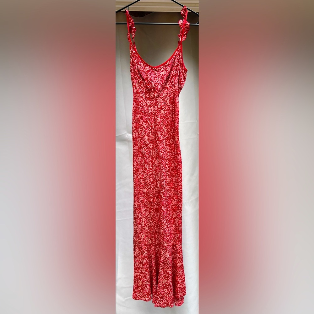 Vintage 1990s Red floral ruffle strap long silk dress with slight imperfection